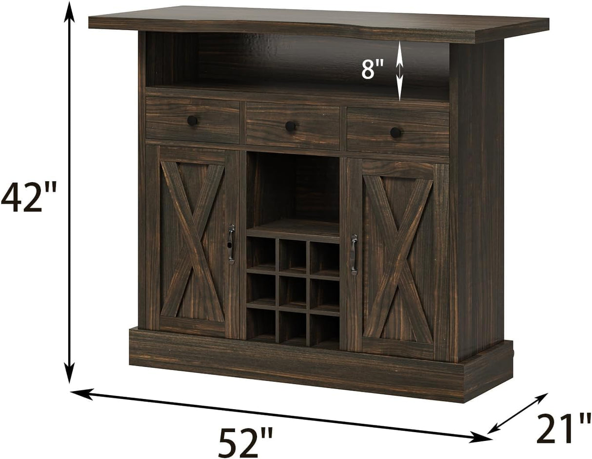 Farmhouse Home Bar Unit with 4-Tier Storage, 52 Inch Home Bar Table with 3 Drawers and 9 Wine Racks, Wine and Liquor Cabinet with Barn Door and Footrest, Indoor Bars for Home (Dark Oak) 4ever2buy