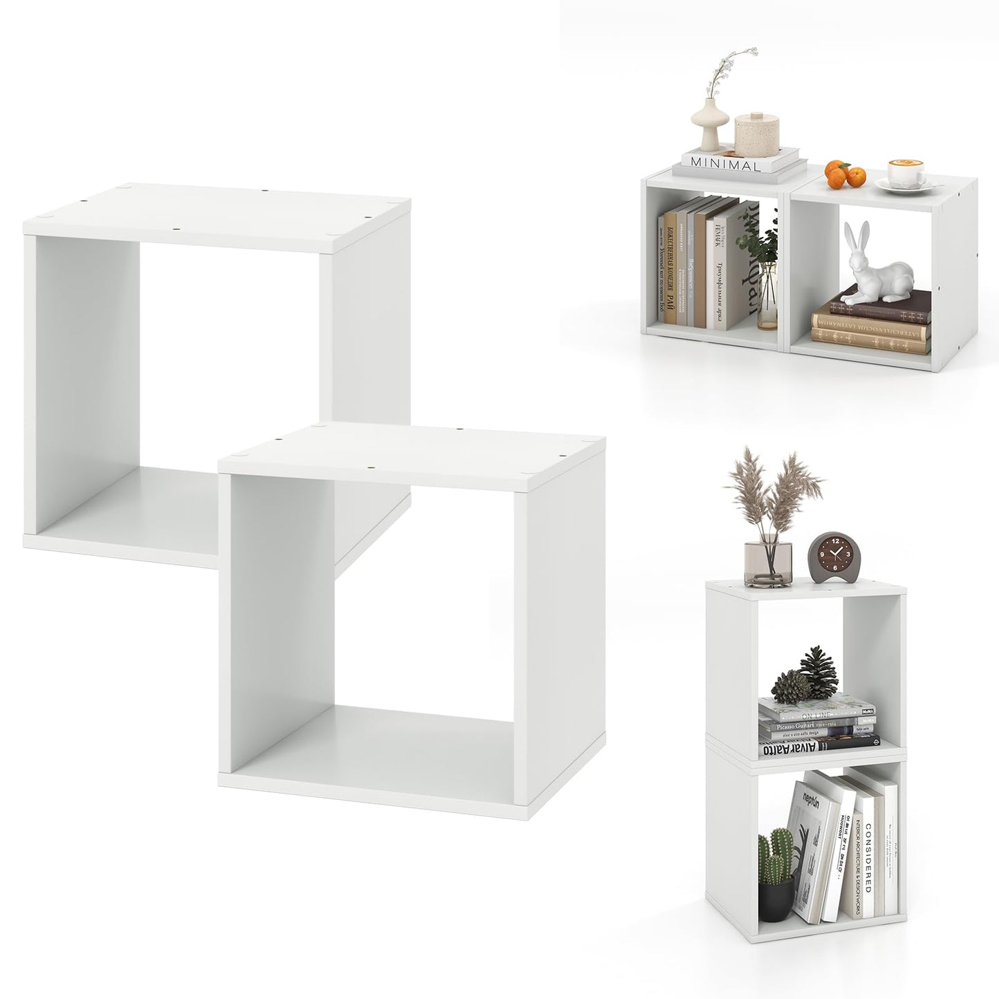 Giantex 2-Tier White Cube Bookshelf Organizer with Stable Stacking Design - WoodArtSupply