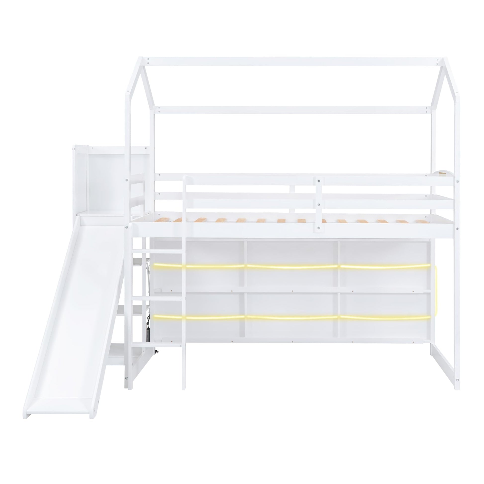 Merax White Twin Size House Loft Bed with Slide and Storage Shelves for Kids - WoodArtSupply