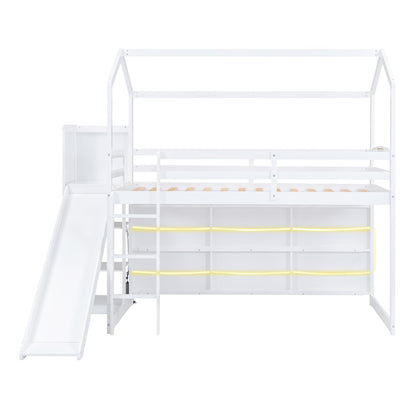 Merax White Twin Size House Loft Bed with Slide and Storage Shelves for Kids - WoodArtSupply