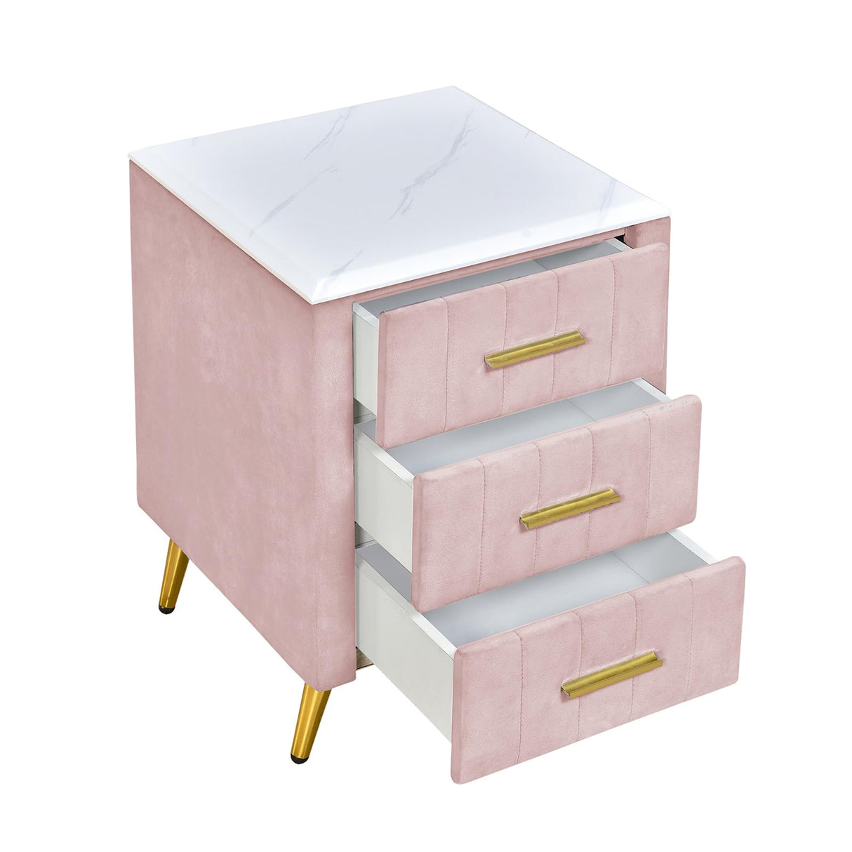 EXZLFA Velvet Upholstered Nightstand End Table with 3 Drawers，Wooden Bedside Table with Marbling Worktop for Living Room Bedroom Home Furniture (Pink) EXZLFA