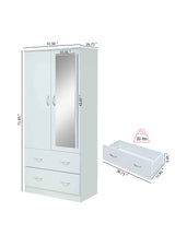 HODEDAH 2 Door Wood Wardrobe Bedroom Closet with Clothing Rod inside Cabinet, 2 Drawers for Storage and Mirror, White Hodedah