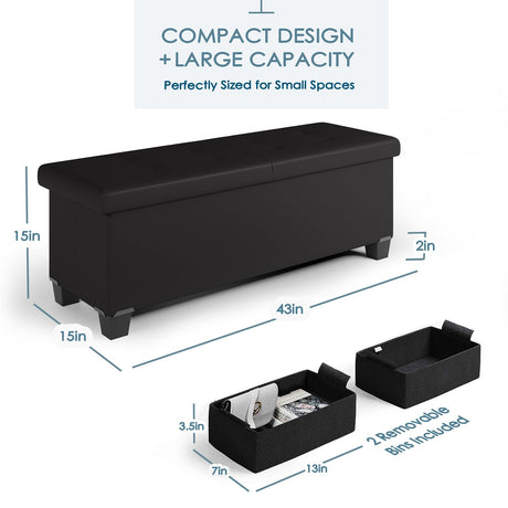 Storage Ottoman Bench with Storage Bins, 43-In Storage Bench for Bedroom End of Bed, Ottoman Foot Rest, Black Ottoman with Storage for Living Room, Bench with Storage Max 660lbs, Faux Leather Ottoman STORAGEBUD