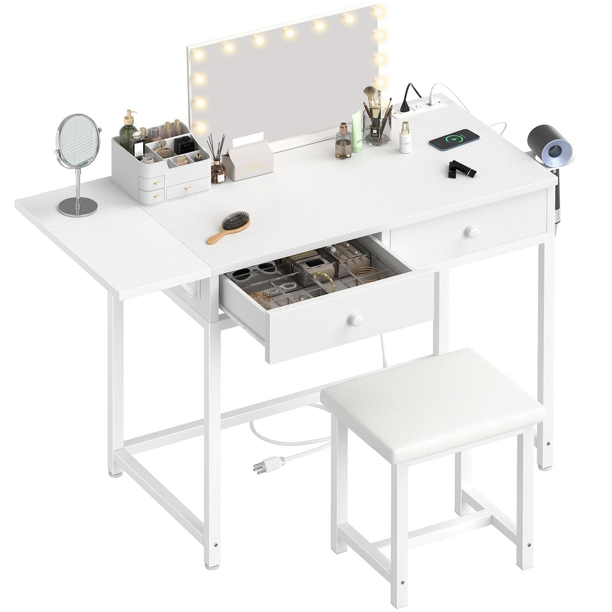 KAI-ROAD Small Makeup Vanity Desk No Mirror White Vanitys Table Set with Wood Drawers and Chair Stool, Outlets & Foldable Countertop for Bedroom Schminktisch Modern KAI-ROAD