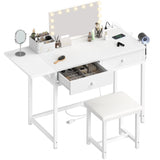 KAI-ROAD Small Makeup Vanity Desk No Mirror White Vanitys Table Set with Wood Drawers and Chair Stool, Outlets & Foldable Countertop for Bedroom Schminktisch Modern KAI-ROAD