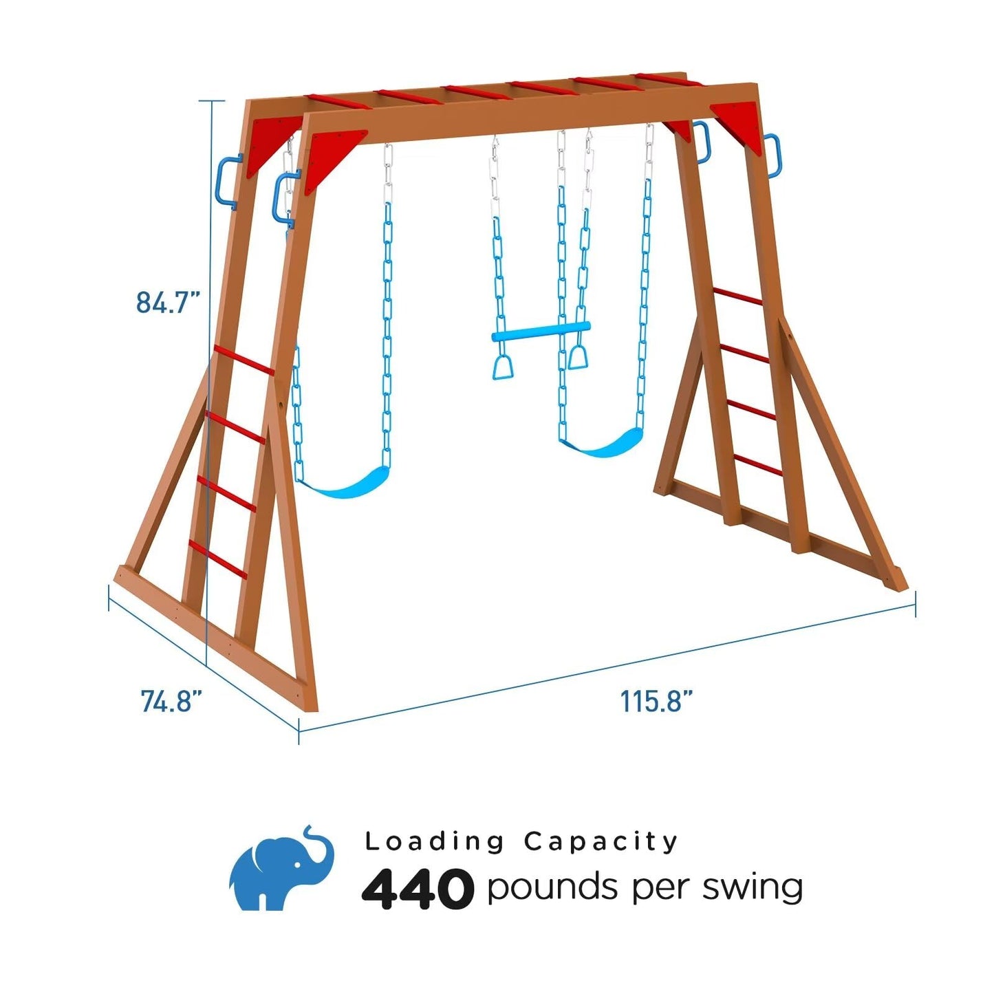 Dolphin Playground Wood Swing Sets for Backyard with Monkey Bar, Kids Outdoor Play Equipment, Outdoor Playset for Kids with Trapeze Swing Bar and 2 Belt Swings, Heavy Duty Playground Accessories