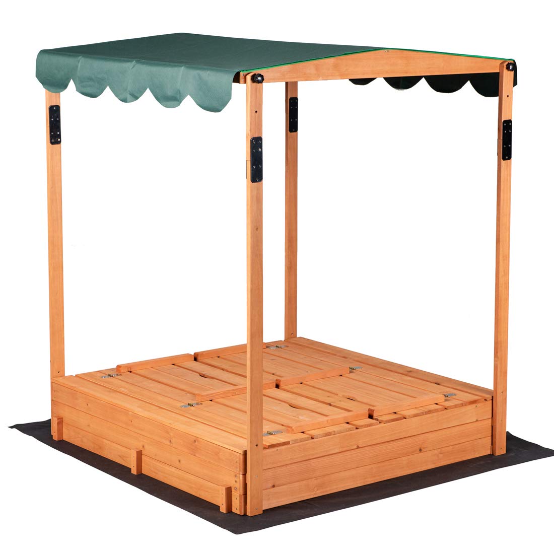 Wooden Outdoor Kids Sandbox Convertible Canopy Covered Sand Box Bench Seat Storage - WoodArtSupply