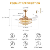MOOONICHE 48 Inch Crystal Ceiling Fan with Light and Remote Modern Dimmable Fandelier Invisible Retractable Chandelier Fan Gold for Bedroom Living Room MOOONICHE