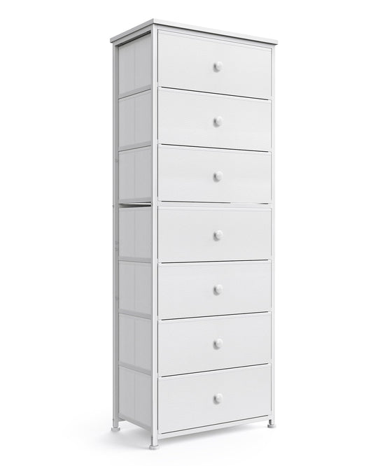 Mifuro Tall Fabric Dresser for Bedroom, Vertical Storage Organizer Tower with 7 Drawers, Chest of Drawers with Fabric Bins, Steel Frame, Wood Top for Bedroom, Closet, Entryway- White