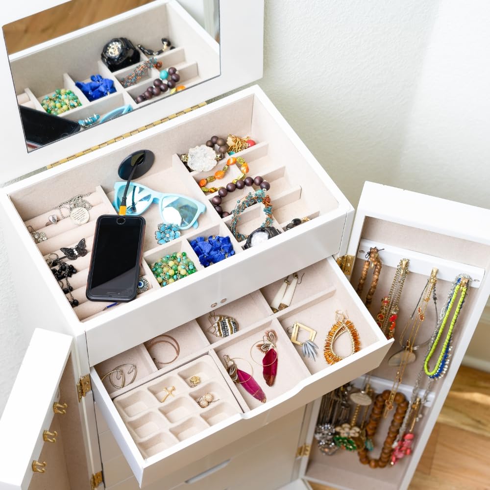 Hives & Honey Chelsea Standing Jewelry Armoire Cabinet, Jewelry Storage Organizer with Top Flip Mirror, 2 Doors, 7 Drawers, Jewelry Chest Armoire, Jewelry Box for Necklace, Earring, Bracelet, White Hives and Honey