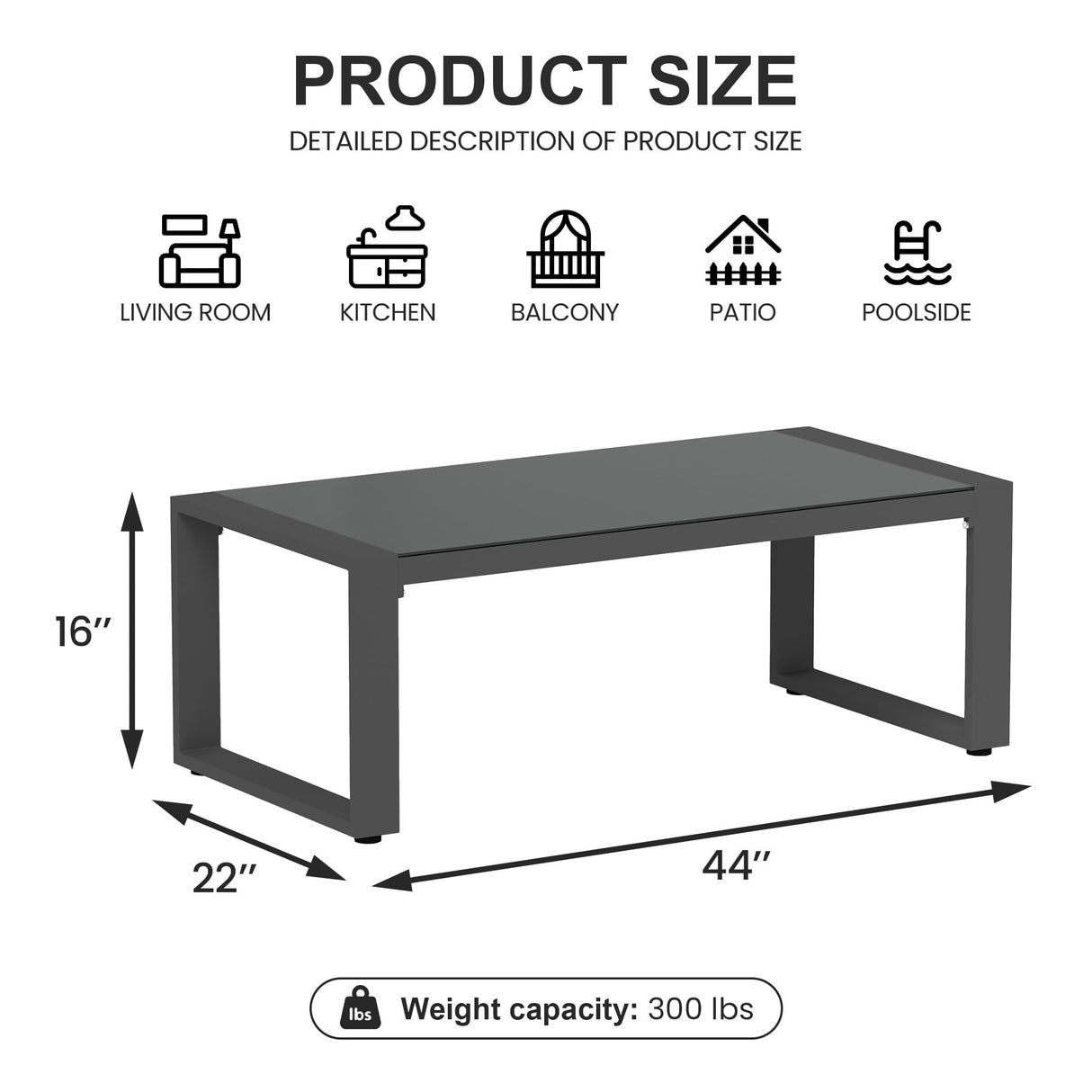 FansaFurn Aluminum Patio Outdoor Coffee Table with Tempered Glass Desktop, U-Frame Modern Patio Coffee Table with Adjustable Feet for Outdoor, Grey FansaFurn
