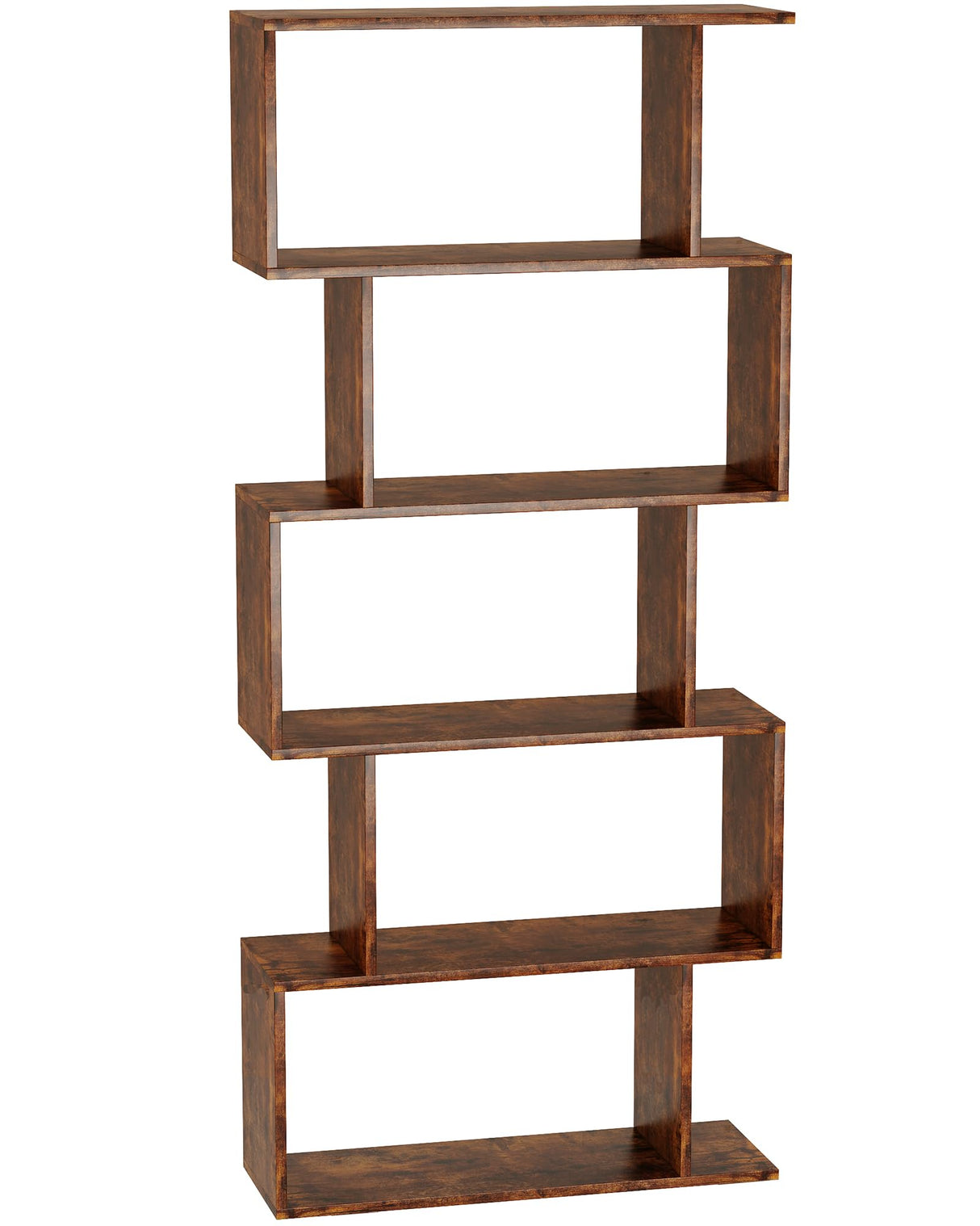 Yusong Bookshelf 5-Tier, Geometric Bookcase S Shaped Book Shelves for Bedroom, Modern Industrial Wood Decorative Display Shelf Book Case for Home Office, Rustic Brown Yusong