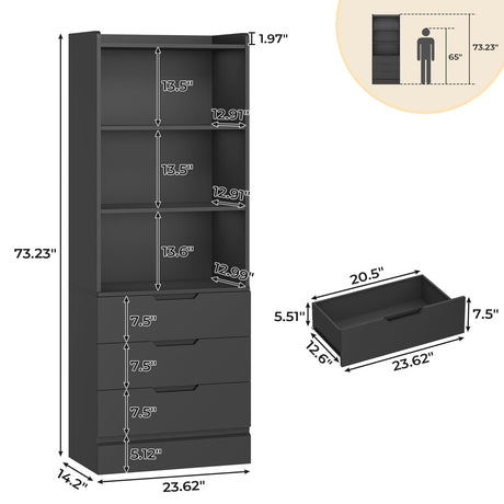 DICTAC Bookcase Set of 2 with 3 Drawers 73.23'' Bookshelf Storage Cabinets with Shelves and Drawers Kitchen Pantry with Microwave Stand,Storage Organizer for Living Room,Office,Study,Bathroom DICTAC
