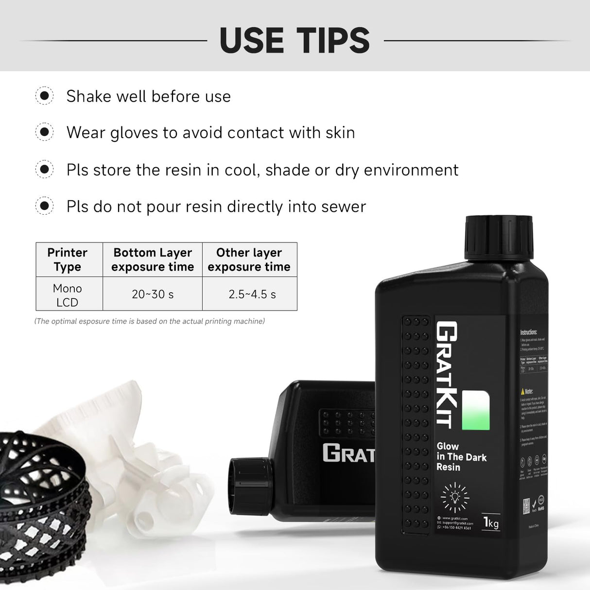 GratKit Glow Green in The Dark Resin, 405nm UV-Curing Photopolymer Resin for LCD/DLP 3D Printers, 1000g, Clear GratKit