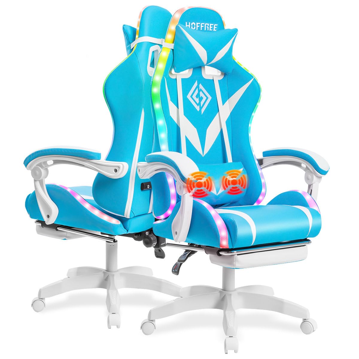 HOFFREE Gaming Chair with Massage and LED Lights Ergonomic Video Game Chairs with Footrest High Back Reclining Computer Chair with Adjustable Lumbar Support Blue and White HOFFREE