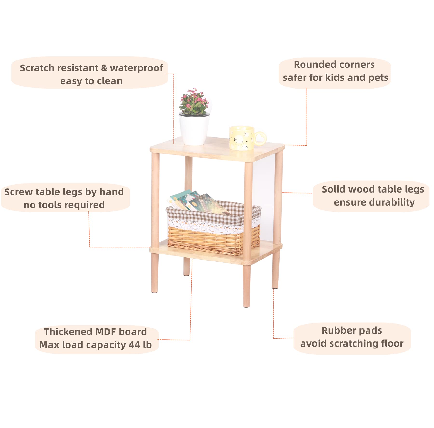 LUCKNOCK Side Table, 2-Tier Solid Wood End Table with Storage Shelf, Slim Nightstand Bedside Table for Small Spaces, Bedroom, Living Room, Entryway, Farmhouse, No-Tool Assembly. - WoodArtSupply