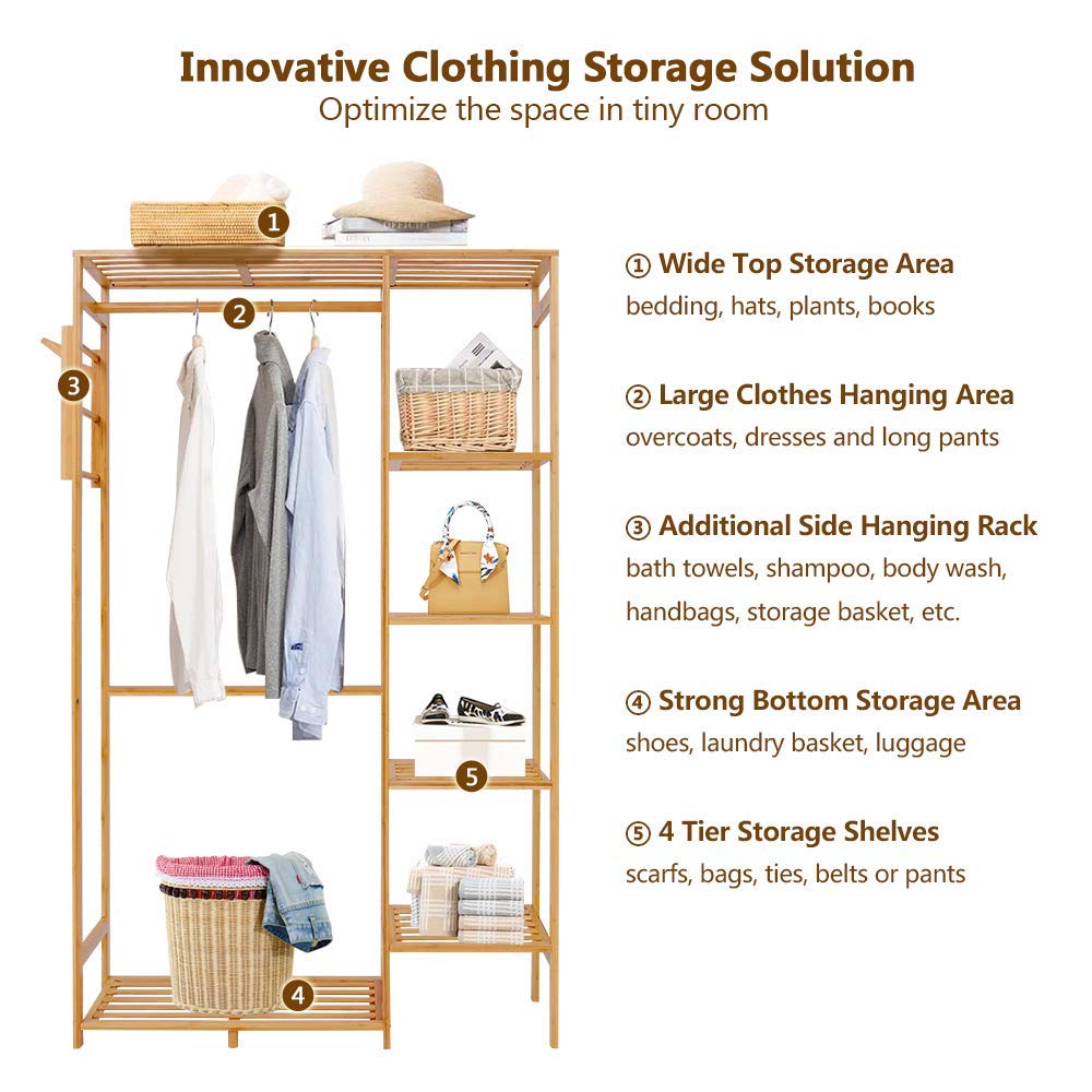 Ufine Bamboo Garment Rack 6 Tier Storage Shelves Clothes Hanging Rack with Side Hooks, Heavy Duty Clothing Rack Portable Wardrobe Closet Organizer Ufine