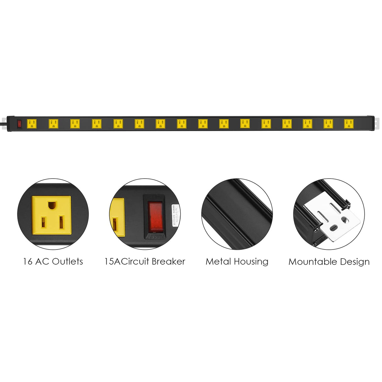 JUNNUJ Long Metal 16 Outlet Power Strip, Wide Spaced Garage Industrial Power Strip, Heavy Duty Power Strip with 6 FT Cord 15A, 125V, 1875W. Yellow JUNNUJ