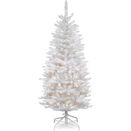 National Tree Company Artificial Pre-Lit Slim Christmas Tree, White, Kingswood Fir, White Lights, Includes Stand, 4.5 Feet