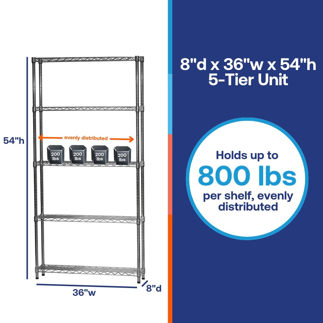 Shelving Inc. 8" d x 36" w x 54" h Chrome Wire Shelving with 5 Tier Shelves, Weight Capacity 800lbs Per Shelf SI