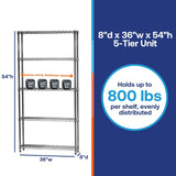 Shelving Inc. 8" d x 36" w x 54" h Chrome Wire Shelving with 5 Tier Shelves, Weight Capacity 800lbs Per Shelf SI