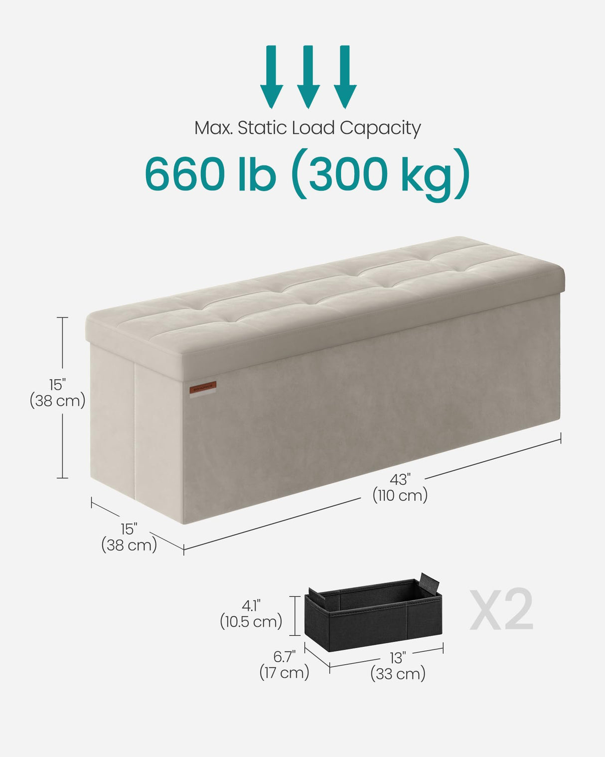 SONGMICS Storage Ottoman Bench, Foldable Ottoman Foot Rest, 15 x 43 x 15 Inches, End of Bed Bench, Storage Chest, Load up to 660 lb, for Living Room, Bedroom, Entryway, Cream White ULSF277W01 SONGMICS