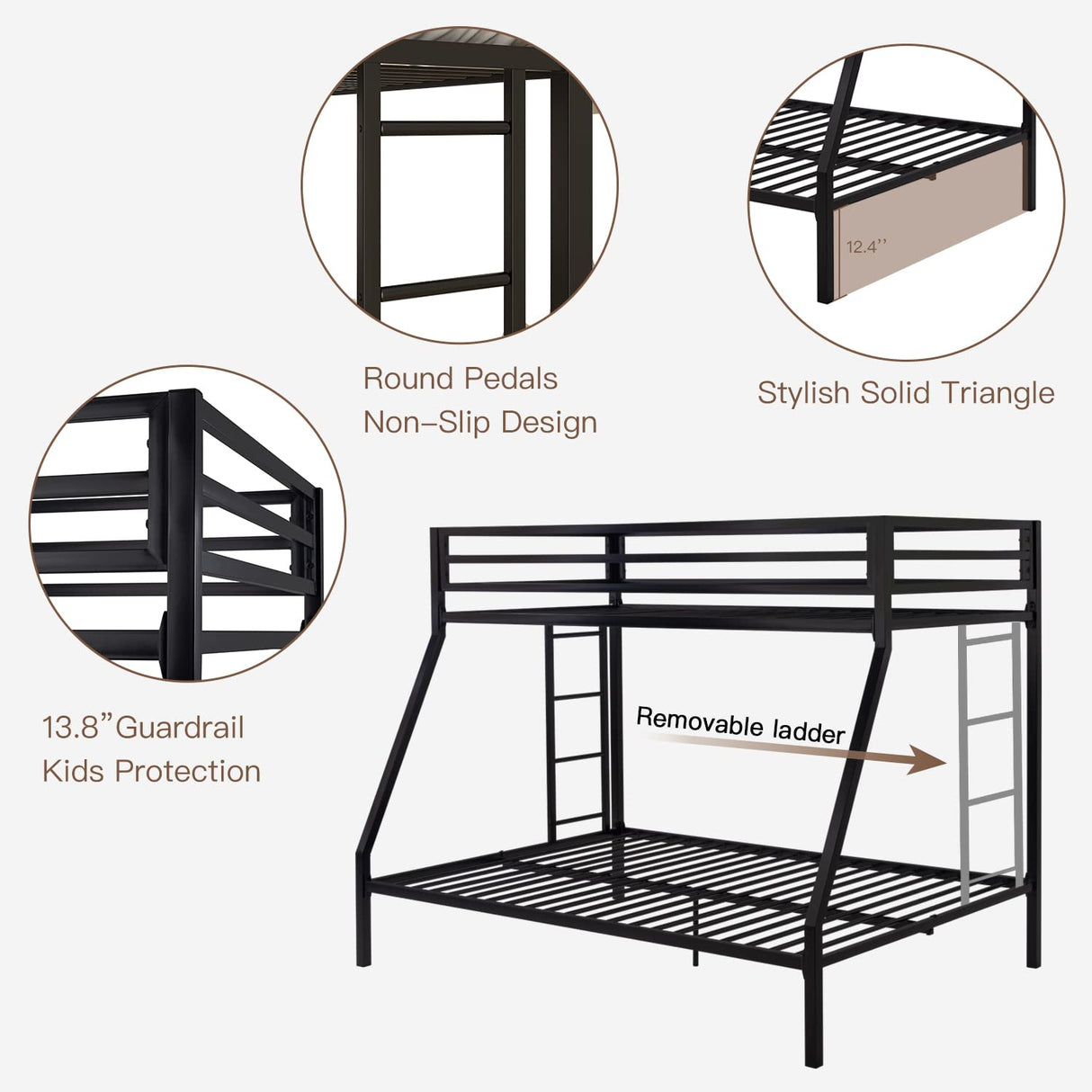 ikalido Twin Over Full Metal Bunk Bed with Guard Rail & Removable Ladder in Matte Black ikalido