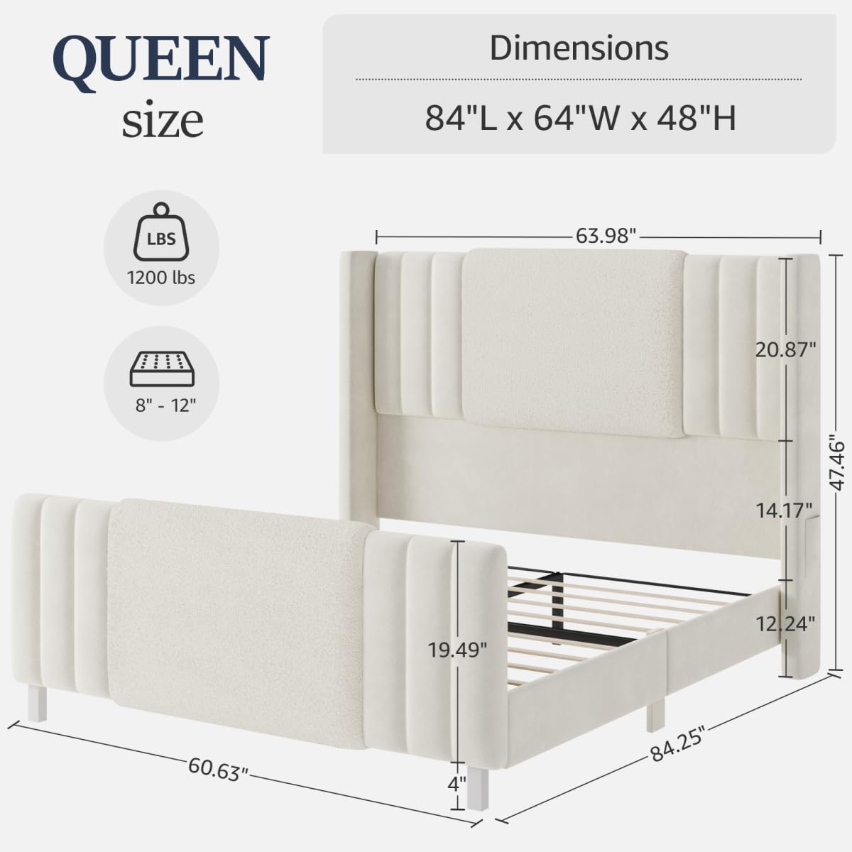 Lihimte Queen Size Bed Frame with Tall Headboard and Footboard, Boucle and Velvet Upholstered Bed Frame Queen with LED Lights, Modern Platform Bed Frames, Noiseless, Easy Assembly, White Lihimte