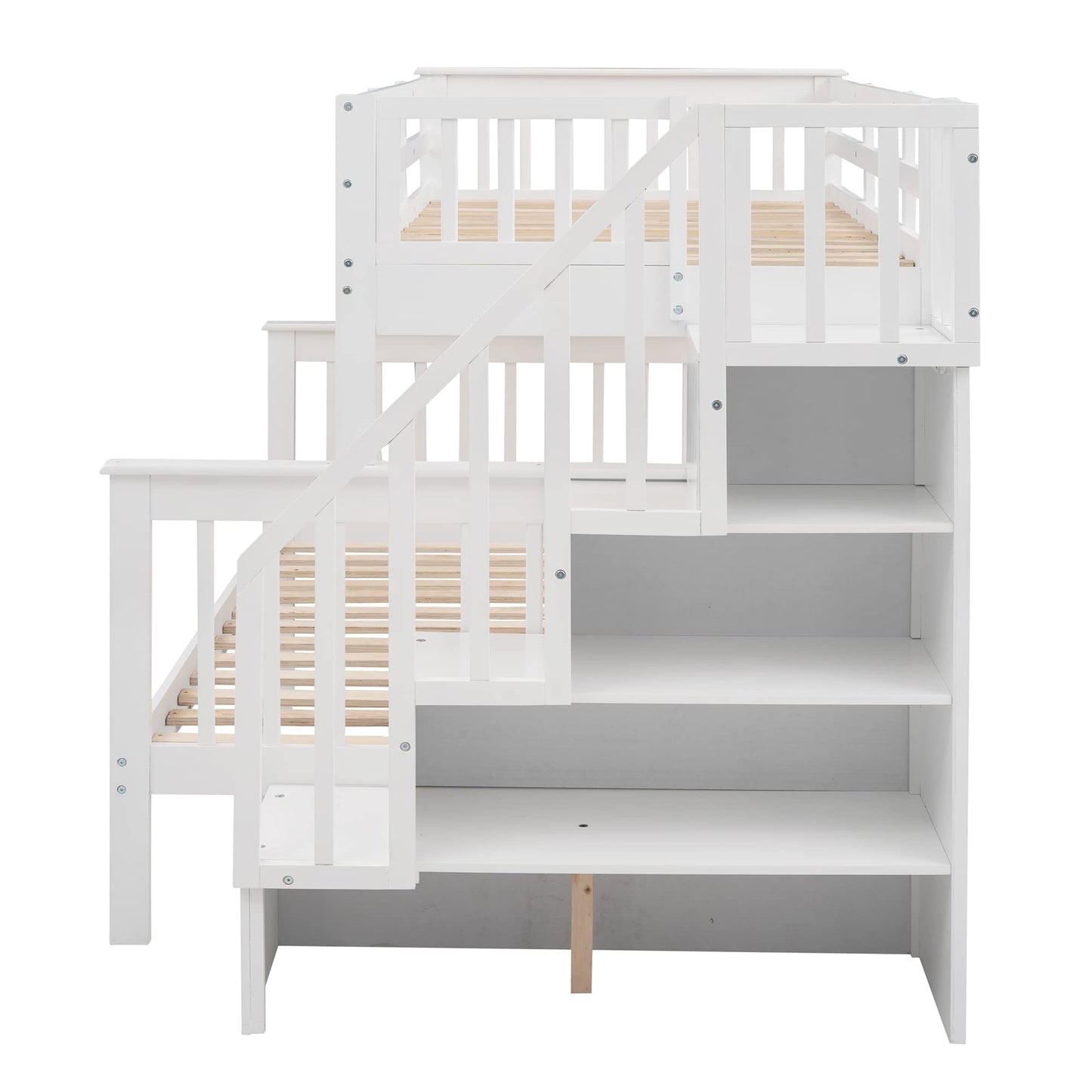 MERITLINE Twin Over Full Bunk Bed with Trundle, Wooden Bunk Bed with Stairway, Storage and Guard Rail for Kids, Adults (White)