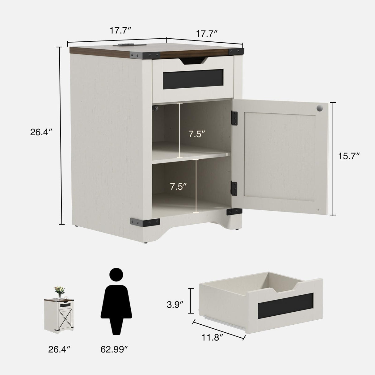 Farmhouse End Table with Charging Station, 26.4" H Side Table with Drawer and X Barn Door, Antique White Country Nightstand Bedside Table, Mid Century Modern Sofa Side Table for Living Room FiveWillowise
