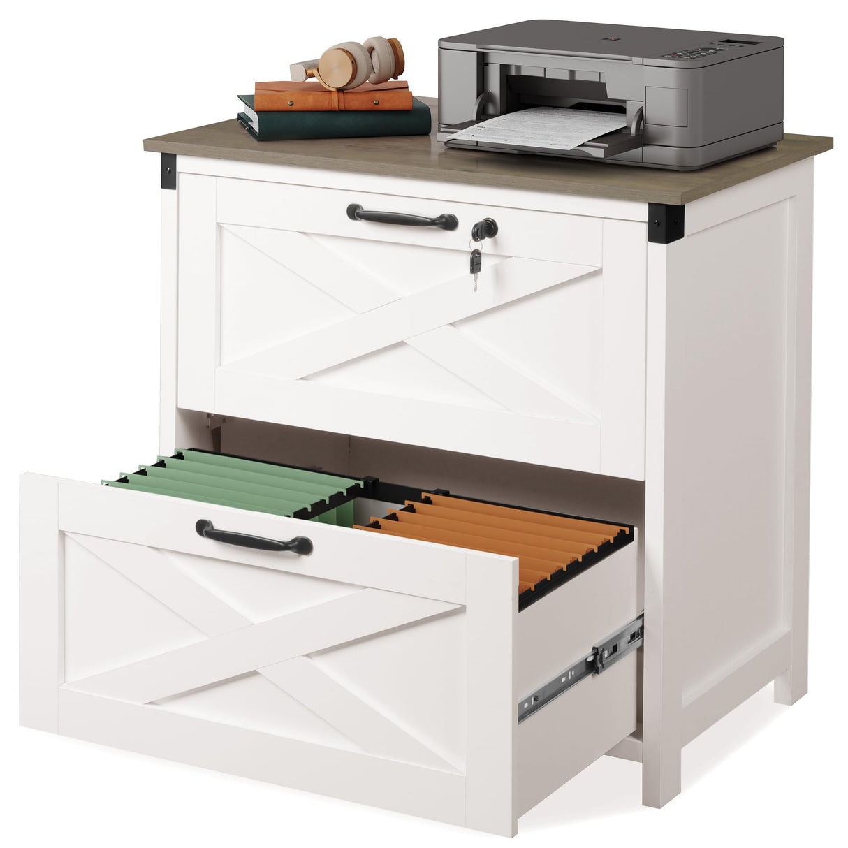 DEVAISE 2 Drawer Farmhouse File Cabinet with Lock, Leteral Filing Cabinet for Letter/Legal/A4 Size, Wood Storage Cabinet for Home Office, White DEVAISE