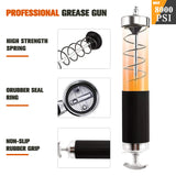 HANTUO Grease Gun, 8000 PSI Heavy Duty Pistol Grip Grease Gun Kit with 14 oz Load, 18 Inch Spring Flex Hose, 2 Grease Couplers, 2 Extension Rigid Pipes and 1 Sharp Type Nozzle, Suit for Zerk Fittings HANTUO