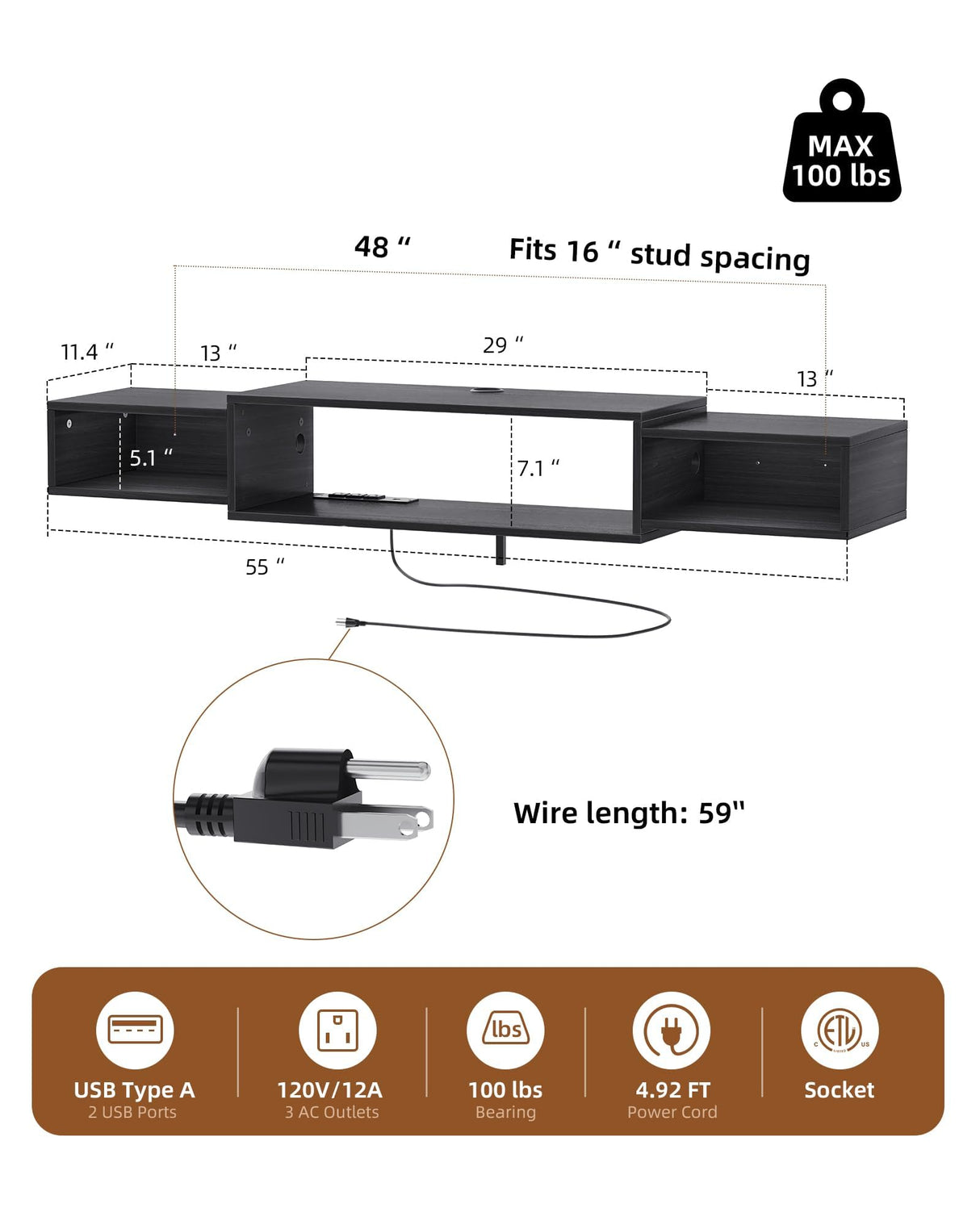 Vicodabo 55" Wall Mounted TV Cabinet with Power Outlet, Floating Wood Media Console for Audio, Video, Game Console, Modern Entertainment Center for Living Room & Bedroom, Black Vicodabo