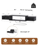 Vicodabo 55" Wall Mounted TV Cabinet with Power Outlet, Floating Wood Media Console for Audio, Video, Game Console, Modern Entertainment Center for Living Room & Bedroom, Black Vicodabo