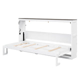 SOFTSEA Twin Size Horizontal Murphy Bed with LED Light, Foldable Wall Bed with Brown Top, Hidden Pull Down Murphy Bed Cabinet Space-Saving for Guest Room Bedroom Office, White SOFTSEA