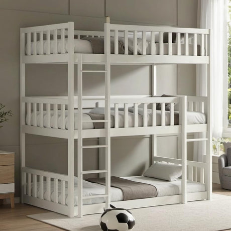 PVWIIK Twin Over Twin Over Twin Wood Bunkbeds with Ladder & Guardrails, Triple Bunk Bed w/Detachable Bunk Bed for Dorm, Bedroom,Guest Room,No Box Spring Needed,Easy Assembly, White PVWIIK