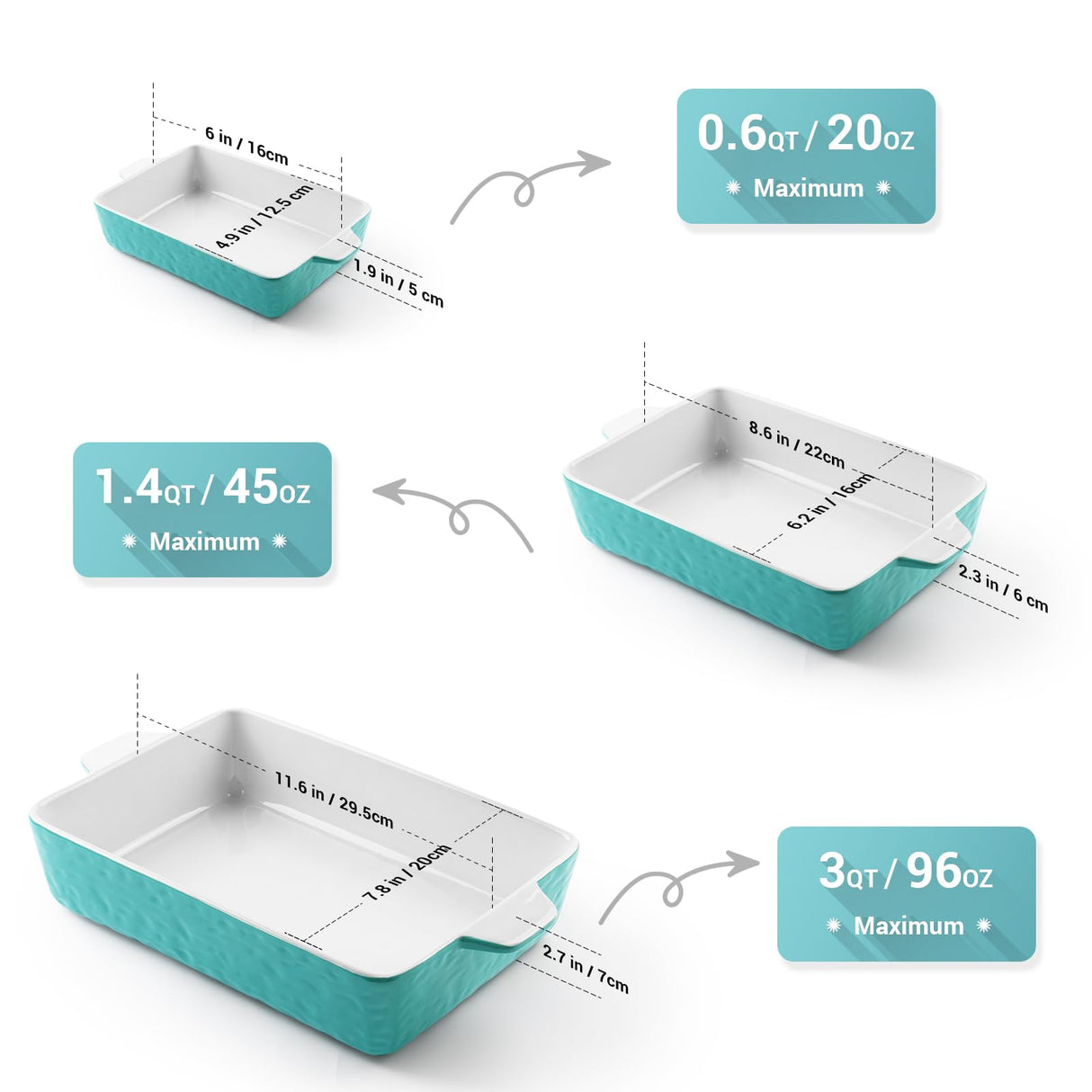 Krokori Casserole Dishes for Oven, Ceramic Baking Dishes, Lasagna Pan with Handles, Porcelain Baking Pan Deep, Bakeware for Baking, Cooking, Wedding Gift, Set of 3 (11.6" x 7.8", Aquamarine) Krokori