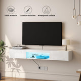 Floating TV Stand Shelf for TVs up to 80 Inch, Floating TV Cabinet with LED Light, Modern Wall Mounted Media Console Shelf with Power Outlets, Entertainment Center for Under TV Storage, White Msutree