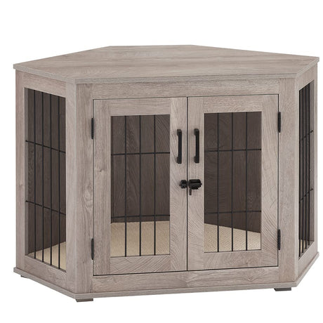 beeNbkks Furniture Dog Crate Corner, Dog Kennel Corner Wooden End Table with Cushion, Indoor Pet Crates Corner Side Table for Dogs, Wide Top Perfect for Limited Room beeNbkks