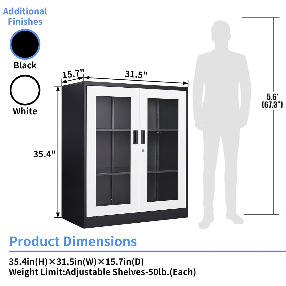 Yizosh Metal Storage Cabinet with Glass Doors - 35.4" Locking Display Cabinet with 2 Adjustable Shelves, 3-Tier Steel Cabinet Locker for Home Office, Living Room, Bedroom Yizosh