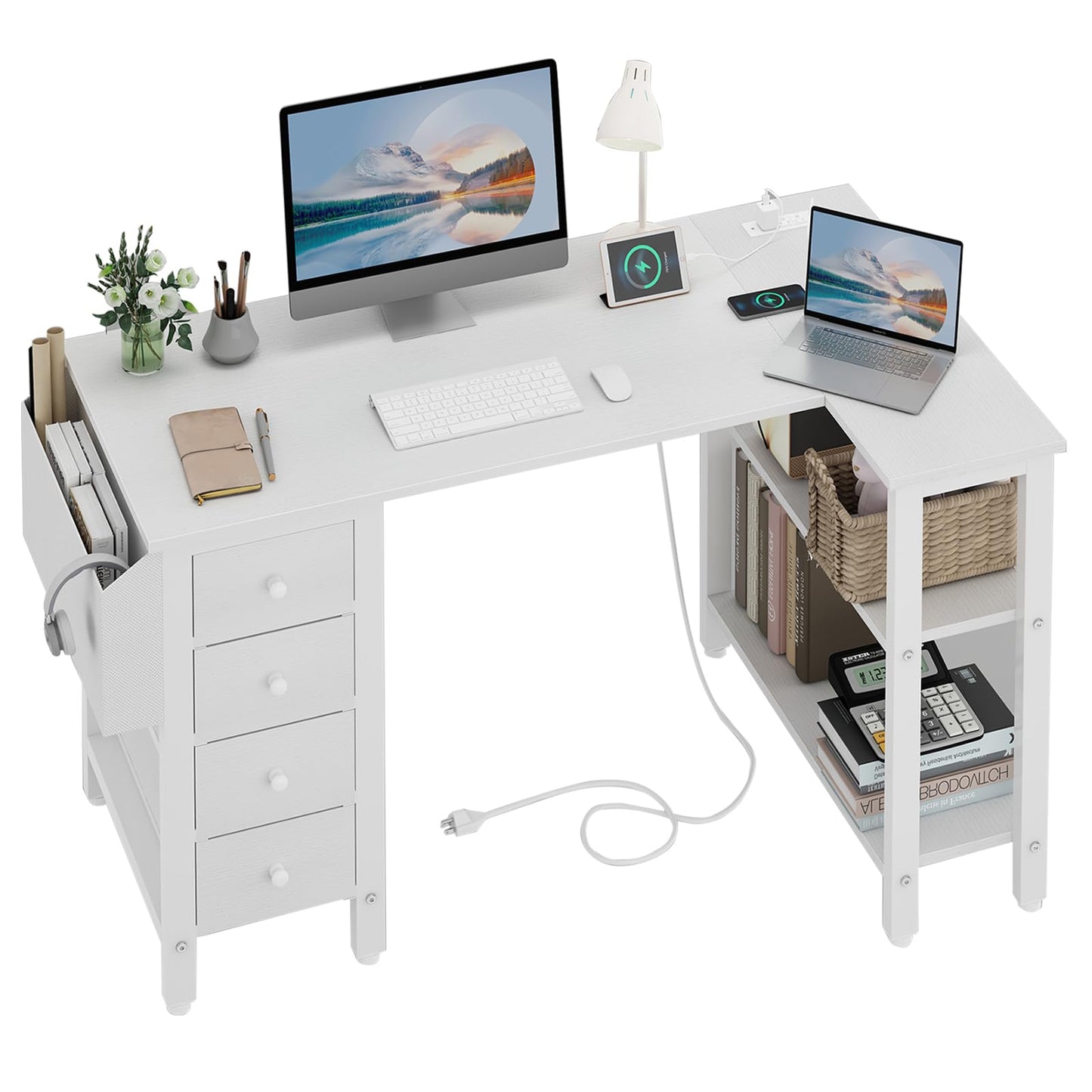 Lufeiya White L Shaped Computer Desk with Drawers & Storage Shelves, 47 Inch Corner Desk with Power Outlet for Home Office Bedroom, L-Shaped Teen PC Desks with Fabric Drawer, White - WoodArtSupply