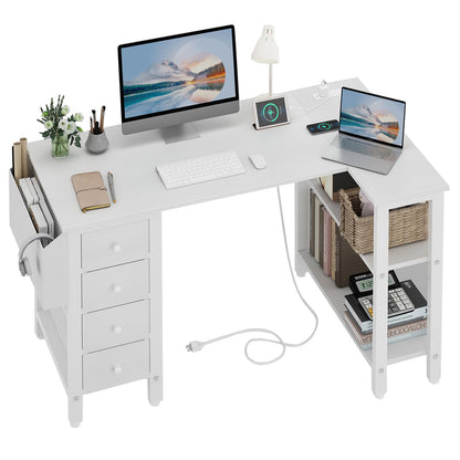 Lufeiya White L Shaped Computer Desk with Drawers & Storage Shelves, 47 Inch Corner Desk with Power Outlet for Home Office Bedroom, L-Shaped Teen PC Desks with Fabric Drawer, White - WoodArtSupply