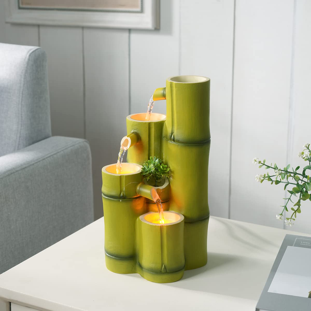 Haobos Tiered Bamboo Appearance Column Tabletop Fountain Relaxation Desktop Waterfall Fountain, 10.6 Inch Tall Simulation Natural Bamboo Cascading Fountain Decorate for Home/Office Haobos