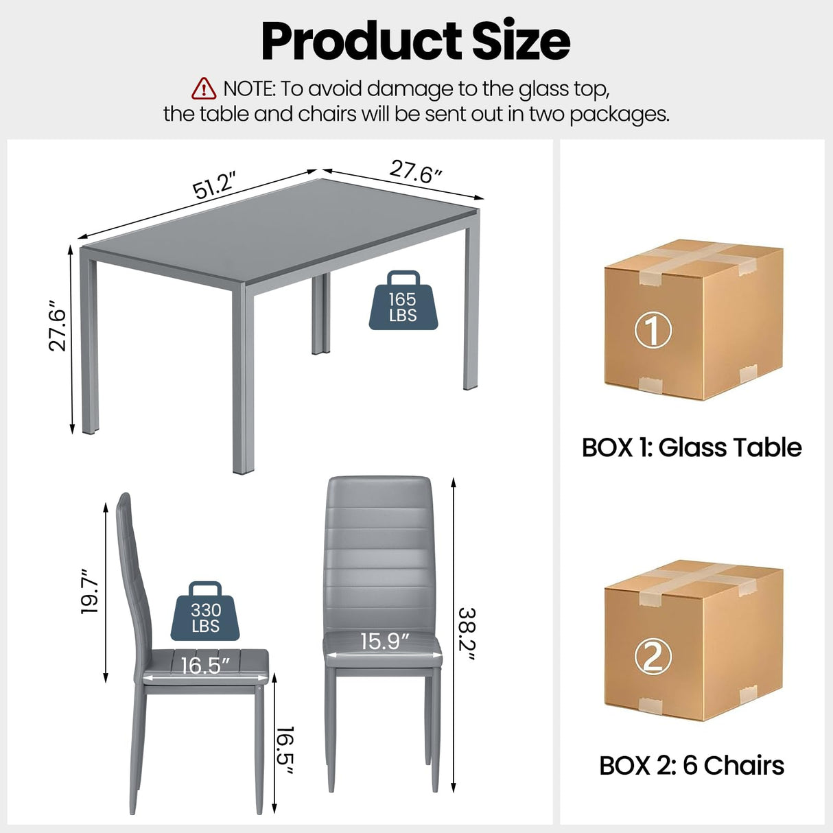 DKLGG 7-Piece Dining Table Set for 6, Tempered Glass Kitchen Table with PU Leather Chairs, Modern Dining Room Table Set for Small Space, Dinette, Apartment, Grey DKLGG