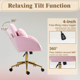 Modern Office Desk Chair with Back & Wheels for Makeup Room, Vanity Chair with Gold Legs & Pillow in Velvet, Home Computer Chairs for Indoor, 360°Swivel Office Chairs Adjustable Height (Pink) NTailed FOX