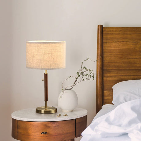 EDISHINE Mid Century Table Lamp, Bedside Lamp with Pull Chain Switch, Solid Wood & Metal Pole, Modern Nightstand Table Lamp for Living Room, Bedroom, Office, Frosted Bronze & Wood Finish EDISHINE