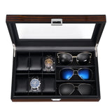 BEWISHOME Watch Box Sunglass Organizer with Real Glass Top, 6 Watch Case and 3 Slots Sunglasses Box for Men, Smooth Faux Leather Interior, Brown SSH15Y BEWISHOME