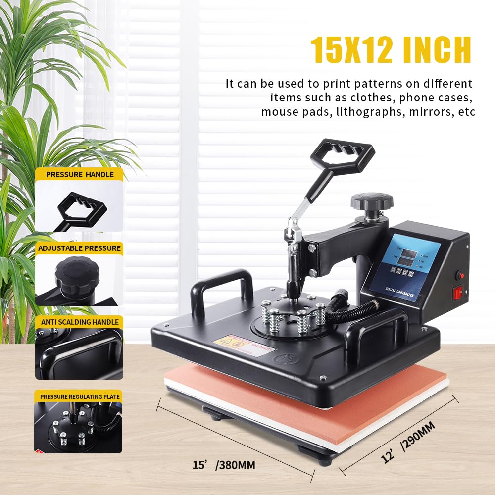 SHUOHAO Upgraded 15 in 1 Heat Press Machine for T-Shirts,Hats,Mugs,Pens &More 12x15 Inch Heat Press 360-Degree Rotation Swing Away Sublimation Machine Dual-Tube Tshirt Press Machine Digital Control