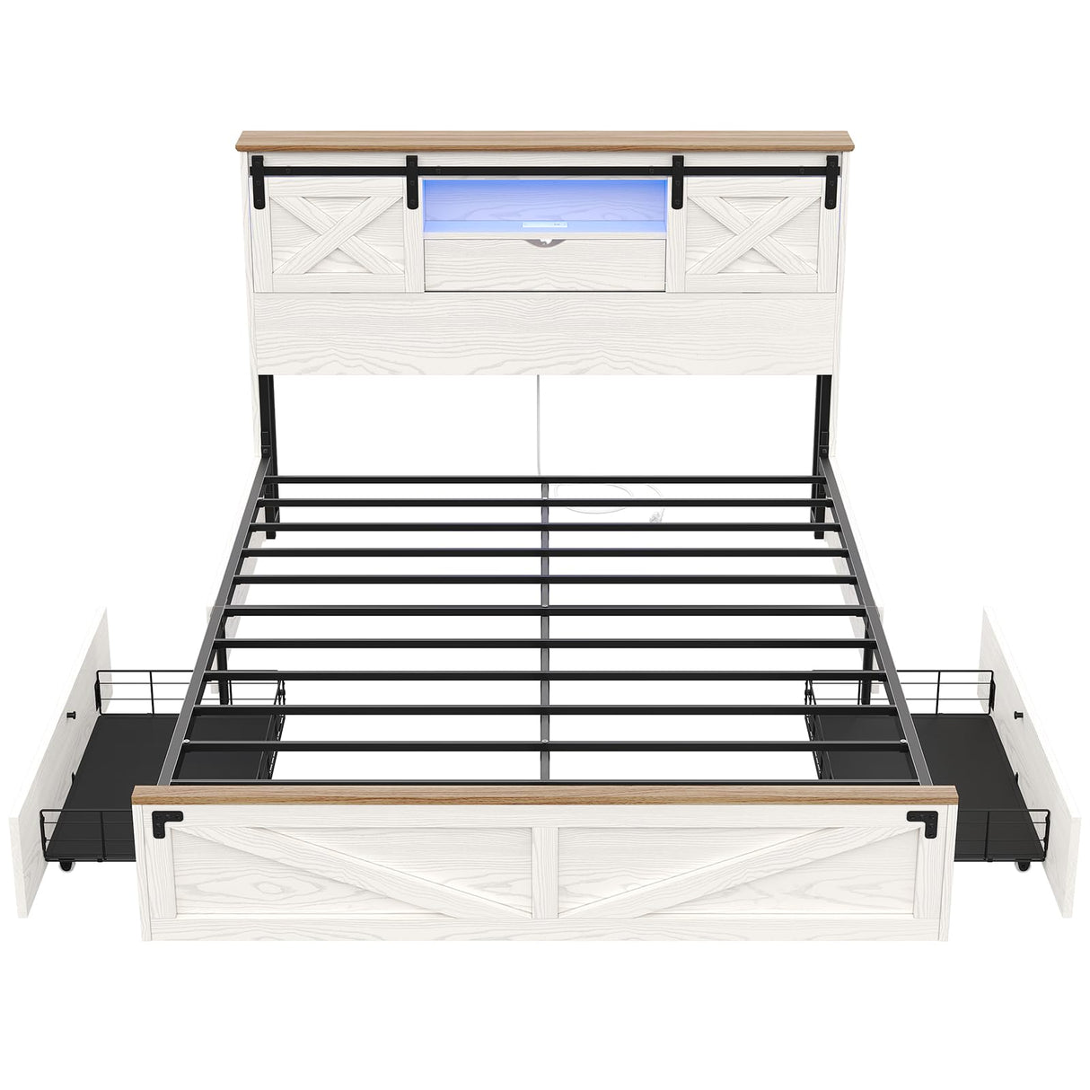 Hasuit Rustic Queen Size Bed Frame with LED Lights, Charging Station, and Storage Drawers Hasuit