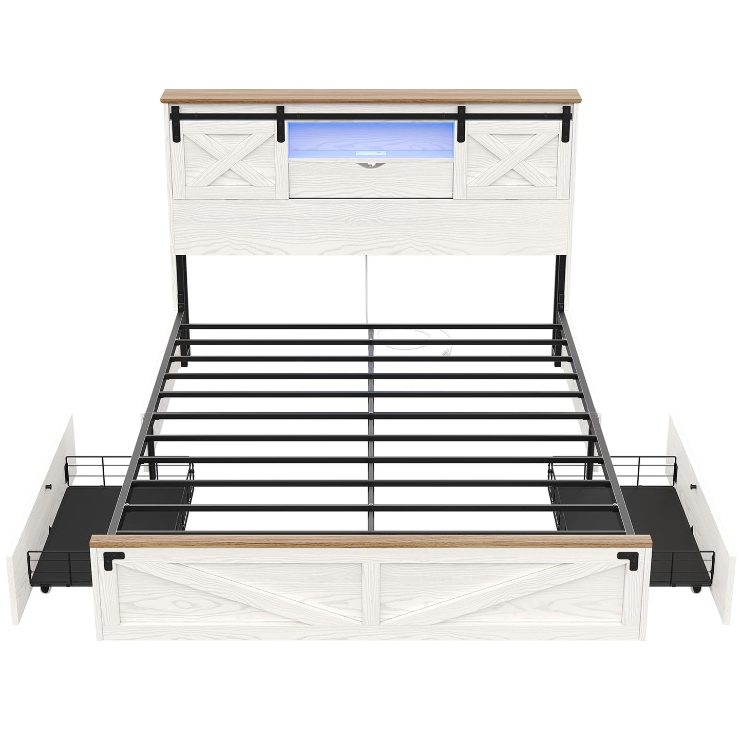 Hasuit Farmhouse Bed Frame Queen Size with LED Lights and Charging Station, Wooden Queen Bed with 2 Storage Drawers, Rustic Headboard with Sliding Barn Door Storage Cabinets, White - WoodArtSupply